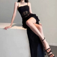 Sleek Spaghetti Straps Maxi Dress Black Slit Mermaid Long Dress C9706