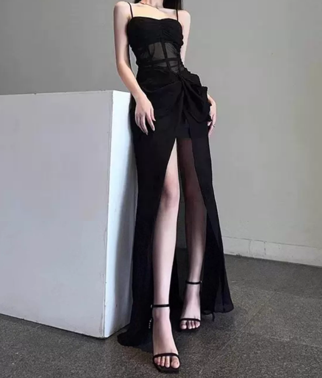 Sleek Spaghetti Straps Maxi Dress Black Slit Mermaid Long Dress C9706
