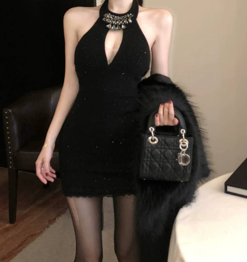 Sexy Halter Neck Black Mini Dress Beaded Sheath Short Dress C9707
