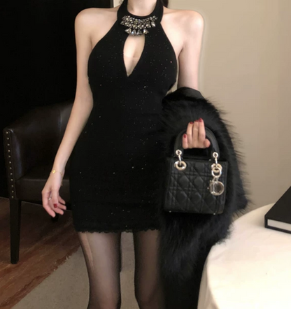 Sexy Halter Neck Black Mini Dress Beaded Sheath Short Dress C9707