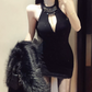 Sexy Halter Neck Black Mini Dress Beaded Sheath Short Dress C9707