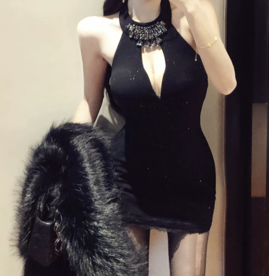Sexy Halter Neck Black Mini Dress Beaded Sheath Short Dress C9707