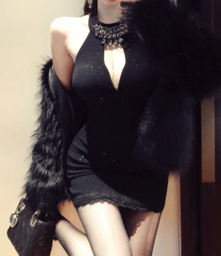 Sexy Halter Neck Black Mini Dress Beaded Sheath Short Dress C9707