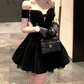 Playful Off-Shoulder Homecoming Dress Bow Velvet A-Line Party Dress C9708