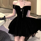 Playful Off-Shoulder Homecoming Dress Bow Velvet A-Line Party Dress C9708