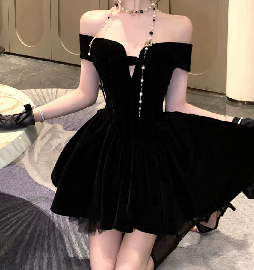 Playful Off-Shoulder Homecoming Dress Bow Velvet A-Line Party Dress C9708