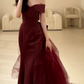 Vintage Off-Shoulder Prom Dress Red Tulle Train Mermaid Evening Dress C9709