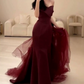 Vintage Off-Shoulder Prom Dress Red Tulle Train Mermaid Evening Dress C9709