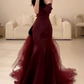 Vintage Off-Shoulder Prom Dress Red Tulle Train Mermaid Evening Dress C9709