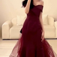 Vintage Off-Shoulder Prom Dress Red Tulle Train Mermaid Evening Dress C9709