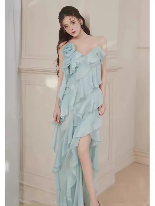 Simple A Line Spaghetti Straps Sleeveless Slit Chiffon Prom Dress C970