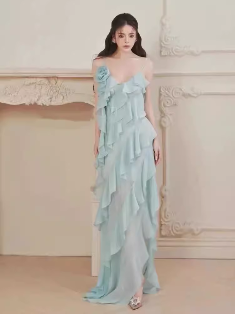 Simple A Line Spaghetti Straps Sleeveless Slit Chiffon Prom Dress C970