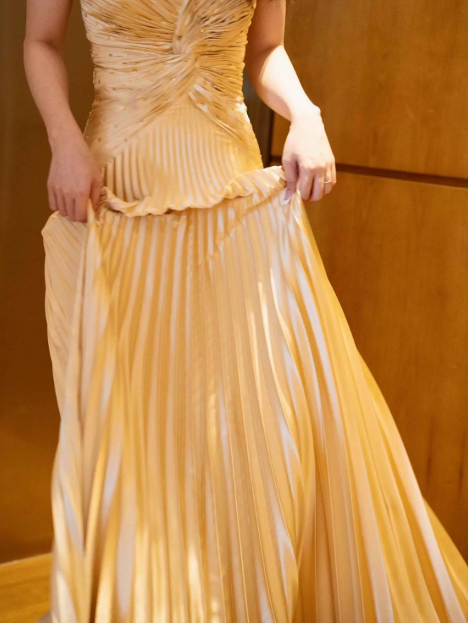 Alluring Strapless Gold Prom Dress Pleated A-Line Evening Dress C9710