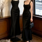 Classical Spaghetti Straps Prom Dress Black Draped Mermaid Evening Dress C9711