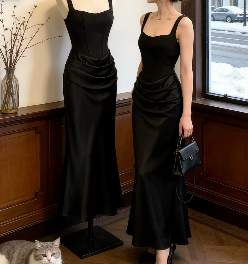 Classical Spaghetti Straps Prom Dress Black Draped Mermaid Evening Dress C9711