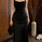 Classical Spaghetti Straps Prom Dress Black Draped Mermaid Evening Dress C9711