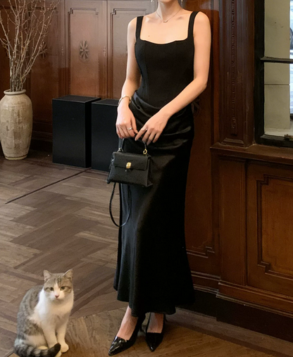 Classical Spaghetti Straps Prom Dress Black Draped Mermaid Evening Dress C9711