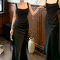 Classical Spaghetti Straps Prom Dress Black Draped Mermaid Evening Dress C9711