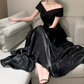 Sleek Off-Shoulder Prom Dress Black Ruffles A-Line Evening Dress C9712