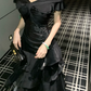 Sleek Off-Shoulder Prom Dress Black Ruffles A-Line Evening Dress C9712