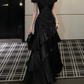 Sleek Off-Shoulder Prom Dress Black Ruffles A-Line Evening Dress C9712