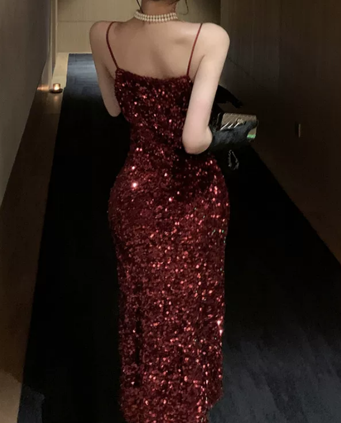 Shiny Spaghetti Straps Homecoming Dress Red Sequins Sheath Party Dress C9713