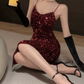 Shiny Spaghetti Straps Homecoming Dress Red Sequins Sheath Party Dress C9713