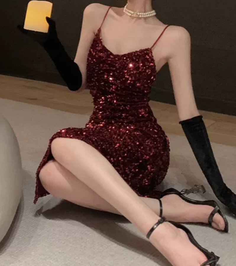 Shiny Spaghetti Straps Homecoming Dress Red Sequins Sheath Party Dress C9713