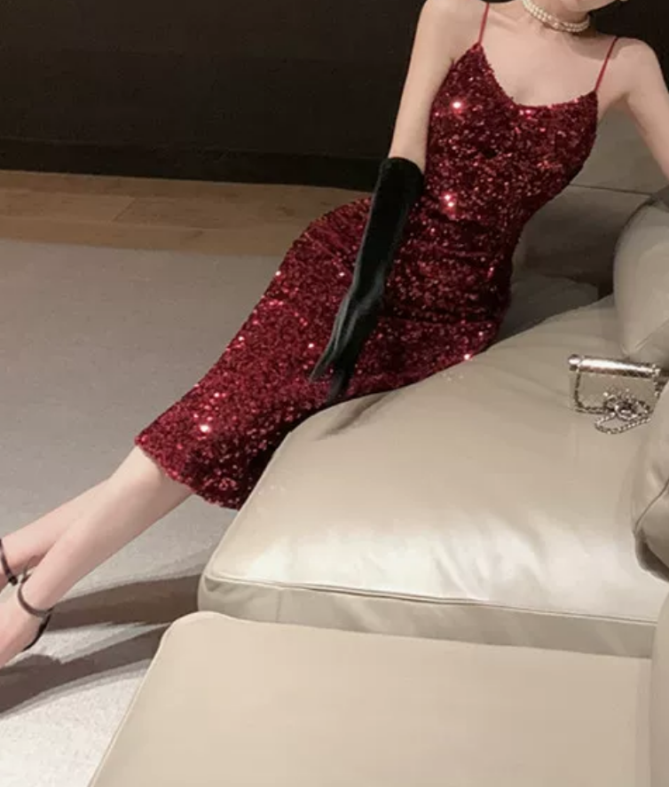 Shiny Spaghetti Straps Homecoming Dress Red Sequins Sheath Party Dress C9713