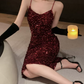 Shiny Spaghetti Straps Homecoming Dress Red Sequins Sheath Party Dress C9713