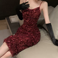 Shiny Spaghetti Straps Homecoming Dress Red Sequins Sheath Party Dress C9713