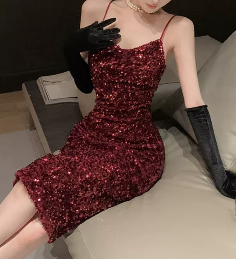 Shiny Spaghetti Straps Homecoming Dress Red Sequins Sheath Party Dress C9713