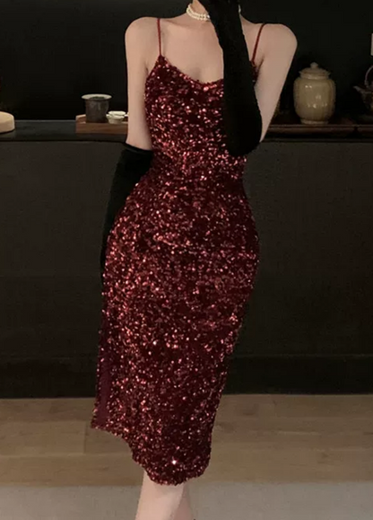 Shiny Spaghetti Straps Homecoming Dress Red Sequins Sheath Party Dress C9713