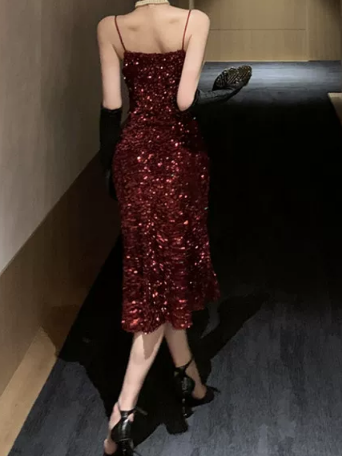 Shiny Spaghetti Straps Homecoming Dress Red Sequins Sheath Party Dress C9713
