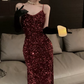 Shiny Spaghetti Straps Homecoming Dress Red Sequins Sheath Party Dress C9713