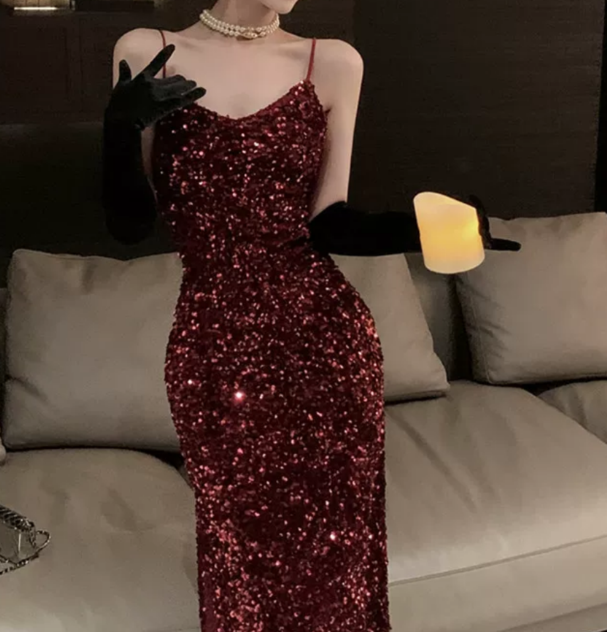 Shiny Spaghetti Straps Homecoming Dress Red Sequins Sheath Party Dress C9713