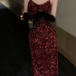 Shiny Spaghetti Straps Homecoming Dress Red Sequins Sheath Party Dress C9713