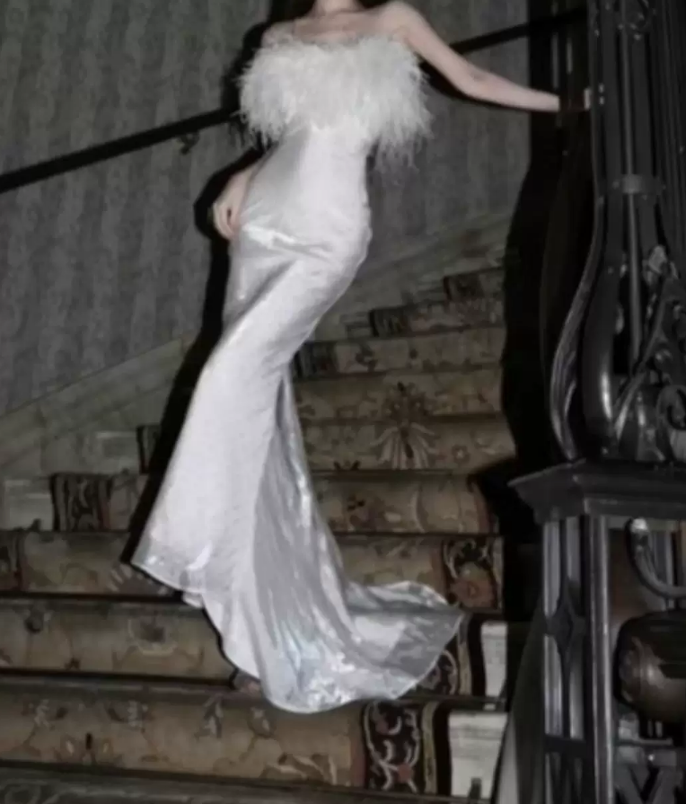 Glam Strapless White Prom Dress Feather Mermaid Evening Dress C9715