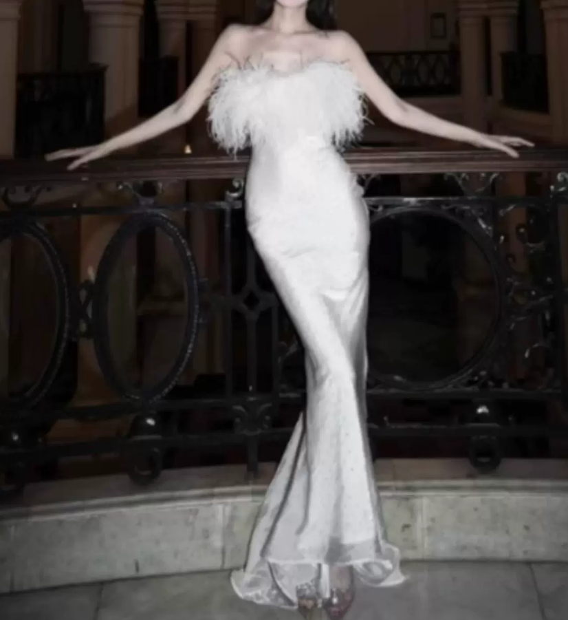 Glam Strapless White Prom Dress Feather Mermaid Evening Dress C9715