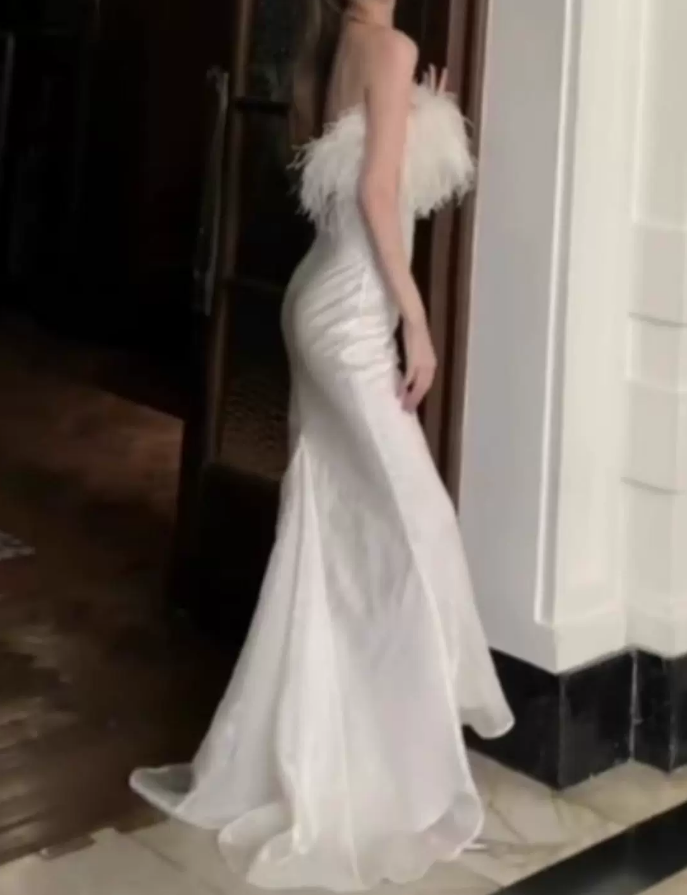 Glam Strapless White Prom Dress Feather Mermaid Evening Dress C9715