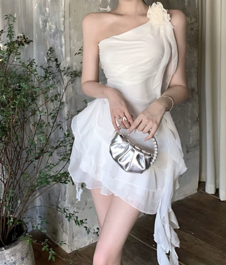 Unique One Shoulder Mini Dress White Ruffled A-Line Short Dress C9716
