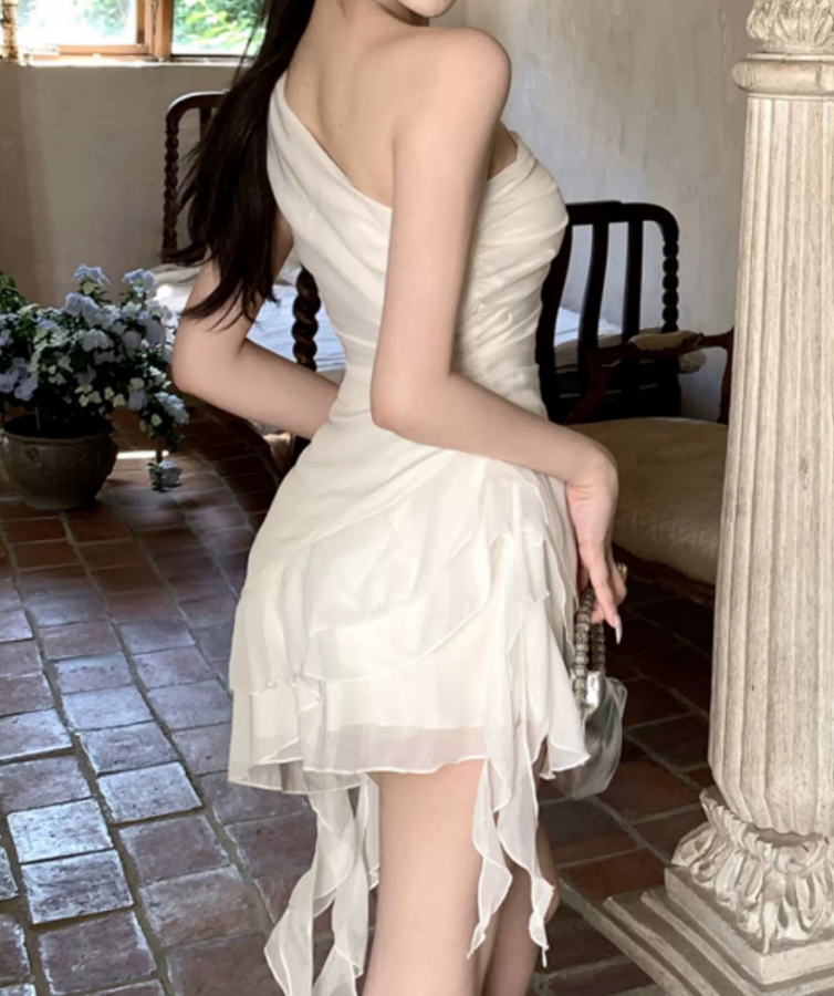 Unique One Shoulder Mini Dress White Ruffled A-Line Short Dress C9716