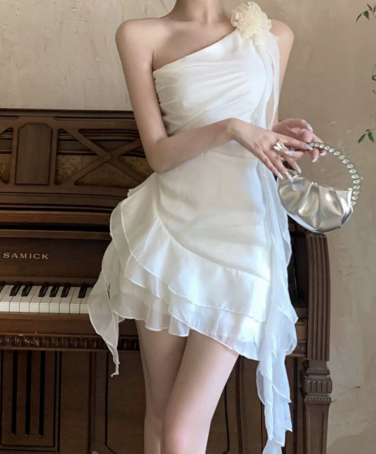 Unique One Shoulder Mini Dress White Ruffled A-Line Short Dress C9716