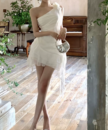 Unique One Shoulder Mini Dress White Ruffled A-Line Short Dress C9716