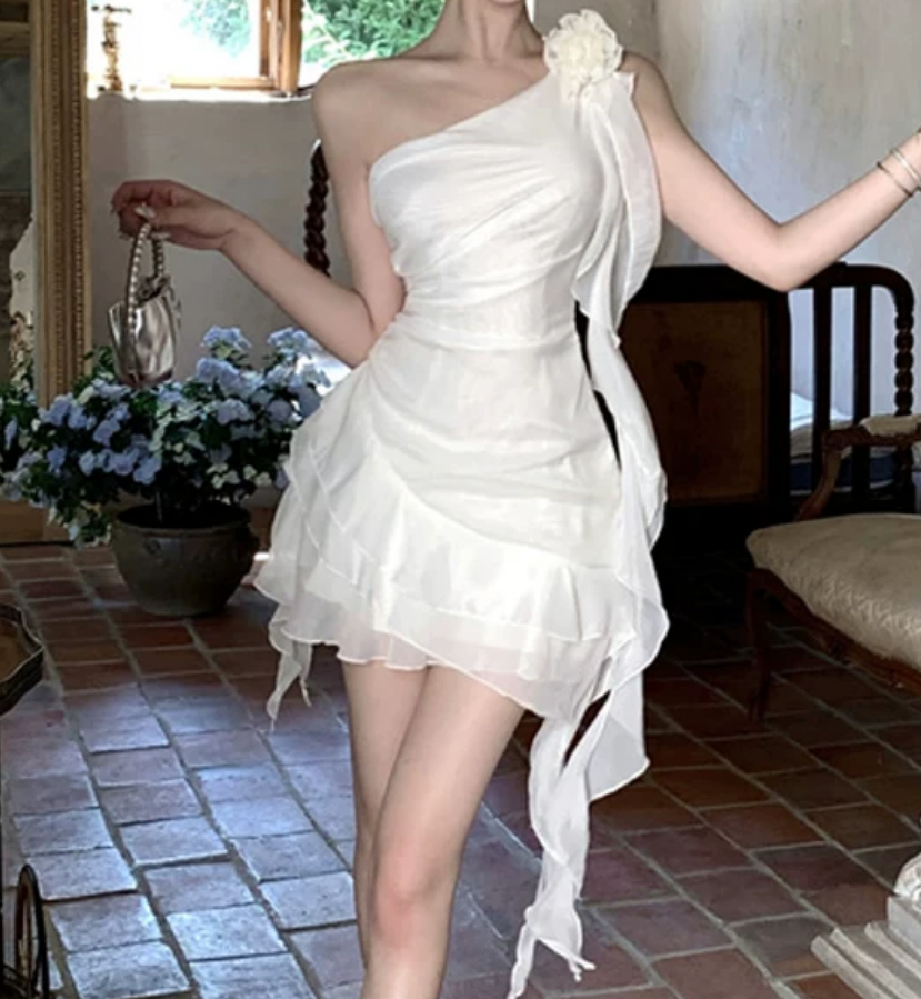 Unique One Shoulder Mini Dress White Ruffled A-Line Short Dress C9716
