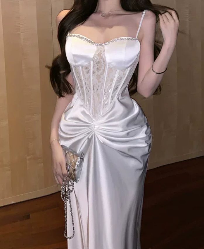 Robe de bal de princesse bustier à volants en satin long, robe de soirée C8117
