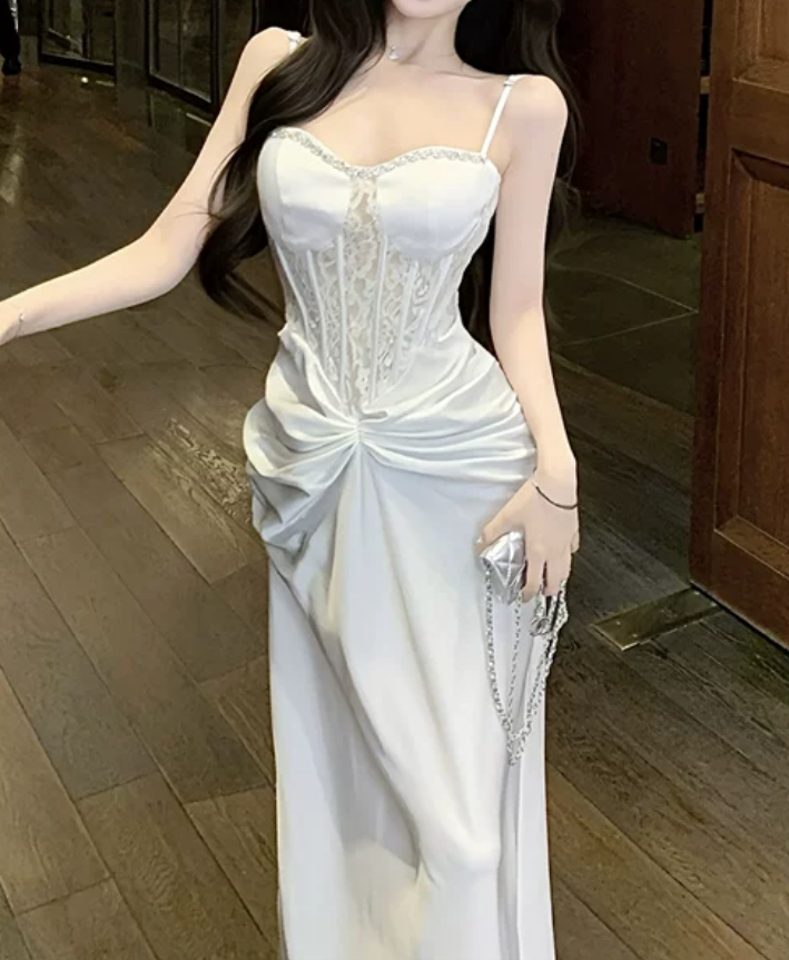 Robe de bal de princesse bustier à volants en satin long, robe de soirée C8117