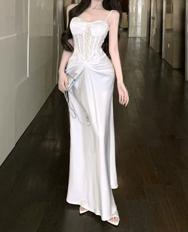 Robe de bal de princesse bustier à volants en satin long, robe de soirée C8117