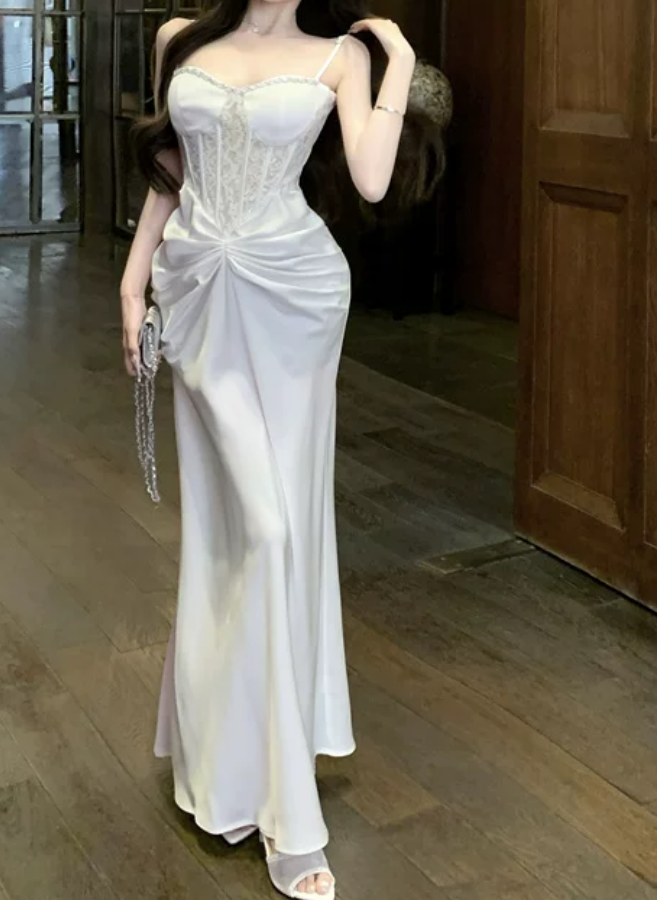 Robe de bal de princesse bustier à volants en satin long, robe de soirée C8117