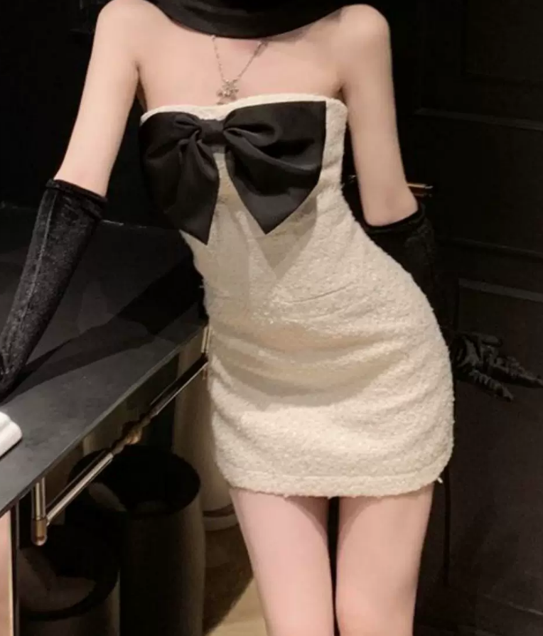 Cute Strapless Bow Mini Dress White Bodycon Short Dress C9719